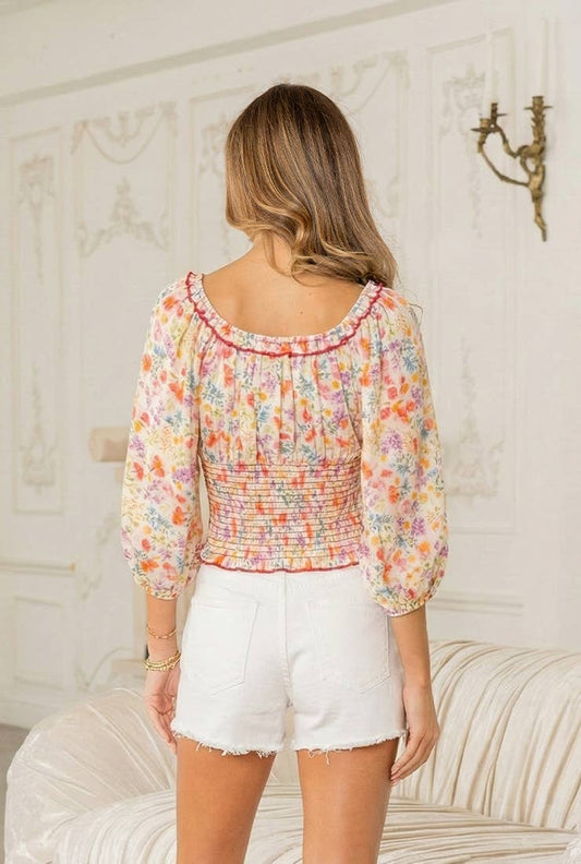 Relaxed Fit Smocked Floral Square Neck Top-Plus
