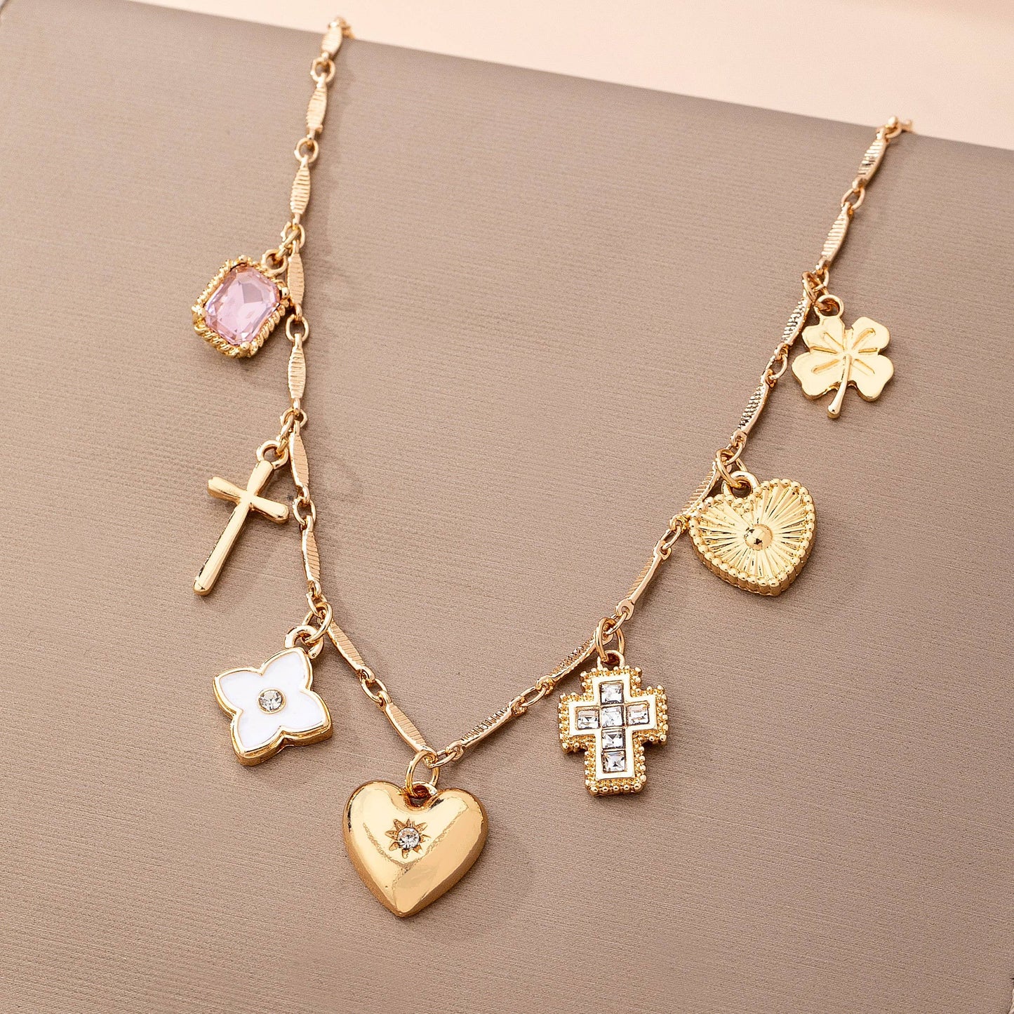 Charm Necklace with crosses hearts flowers clovers