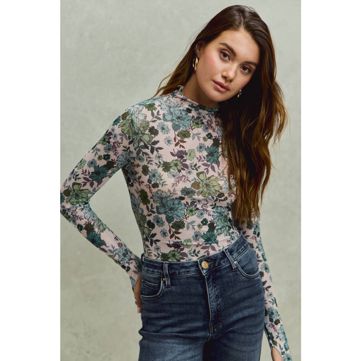 Floral Print Mesh Knit Long Sleeve Top