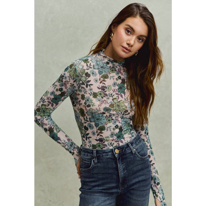 Floral Print Mesh Knit Long Sleeve Top