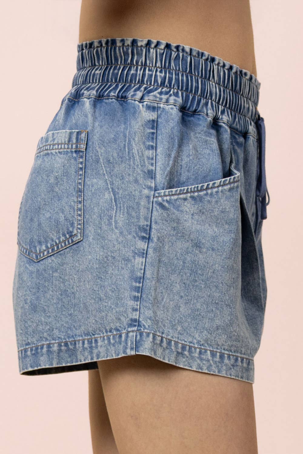 Curvy Elastic Waist Washed Chambray Shorts