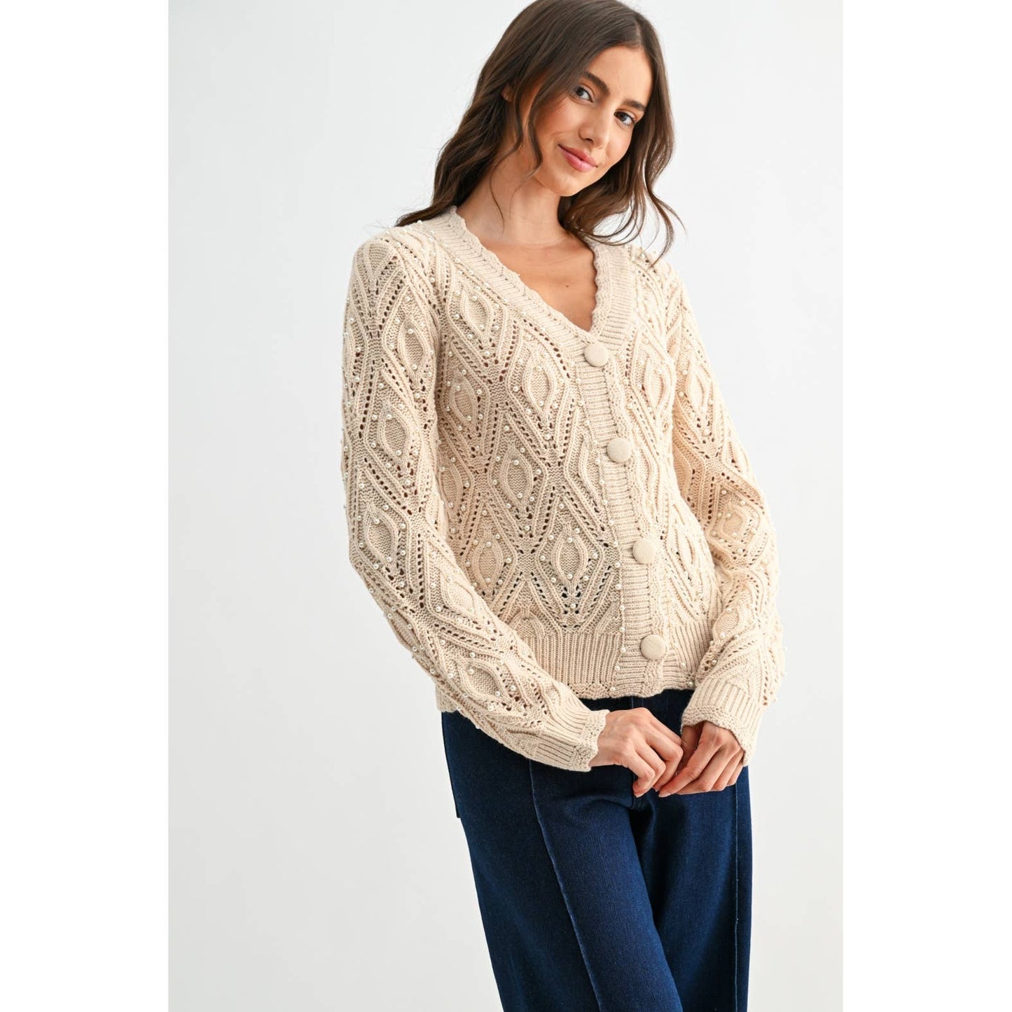 PEARL EMBELLISHED KNIT CARDIGAN