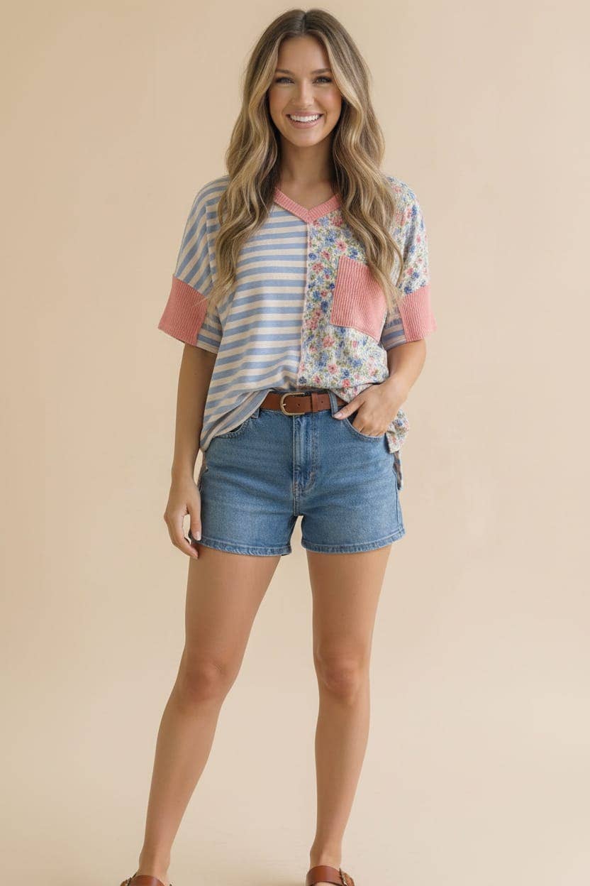 V-Neck Floral Stripe Color Block Top