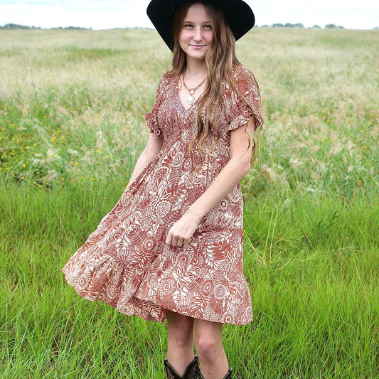 V Neck Smocked Bodice Dress