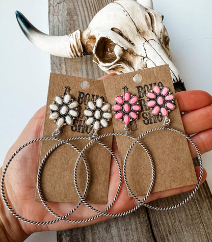 Western Flower Stone Hoop Earrings - Southern Sassy Boutique