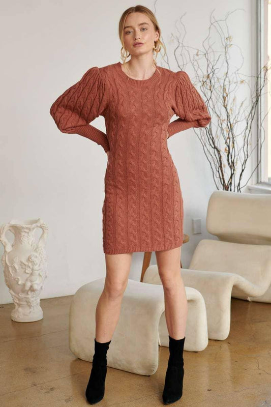 CABLE DETAIL PUFFSLEEVE SWEATER DRESS - Southern Sassy Boutique