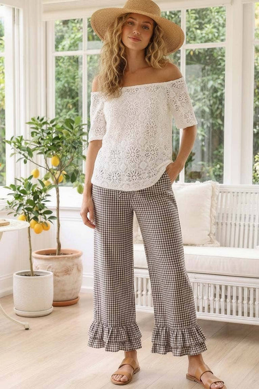 Gingham Casual Ruffled Hem Cropped Pants