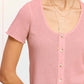 Stretchy Brushed Waffle Knit Short Sleeve Button Top