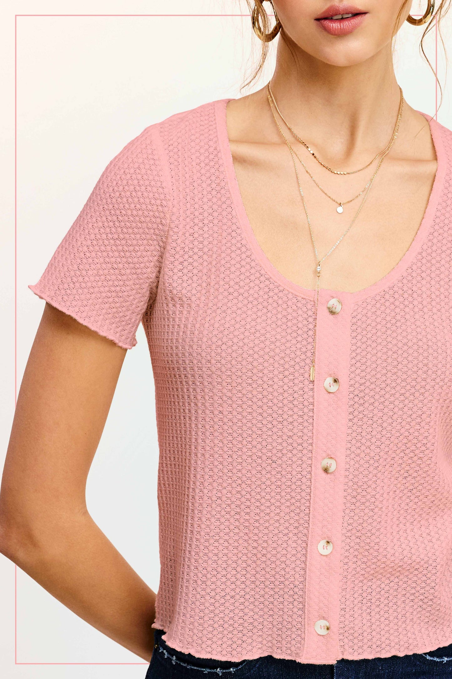 Stretchy Brushed Waffle Knit Short Sleeve Button Top