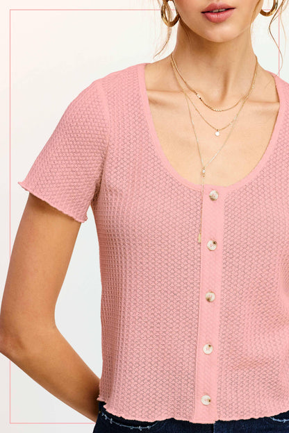 Stretchy Brushed Waffle Knit Short Sleeve Button Top - Southern Sassy Boutique