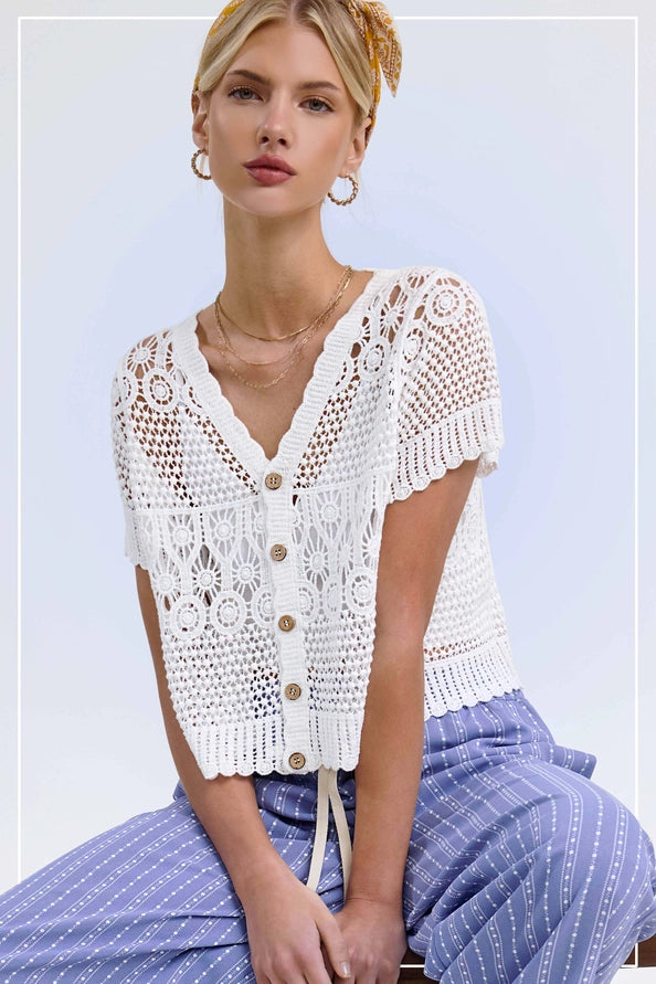 Open Knit Scallop Edge Button Down Cardigan
