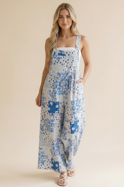Floral Patchwork Wide Leg Bib Overalls