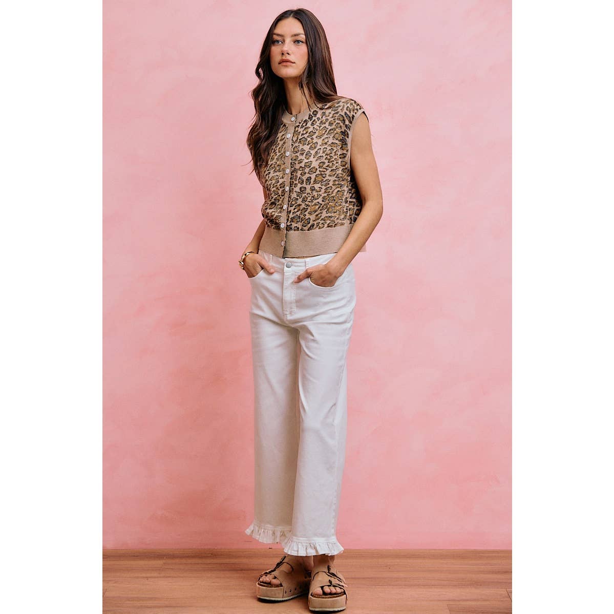 RUFFLED BOTTOM DETAIL MID RISE DENIM JEANS PANTS