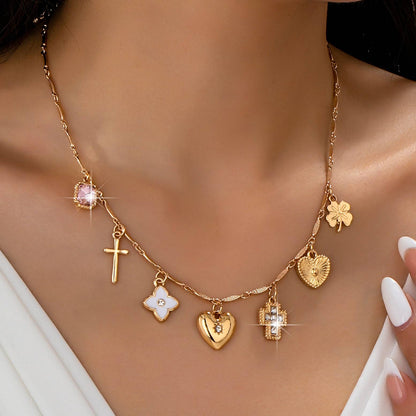 Charm Necklace with crosses hearts flowers clovers