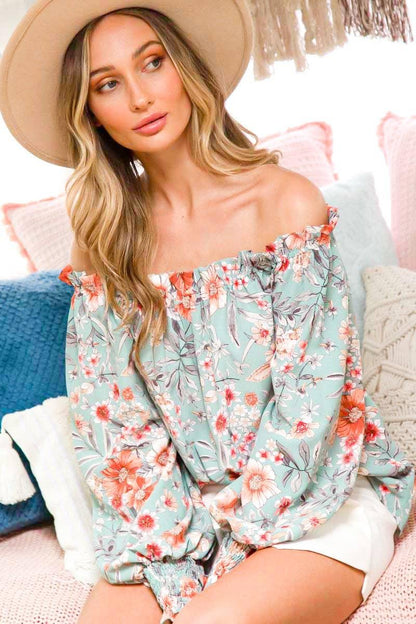 Off The Shoulder Floral Boho Ruffle Sleeve Blouse - Southern Sassy Boutique