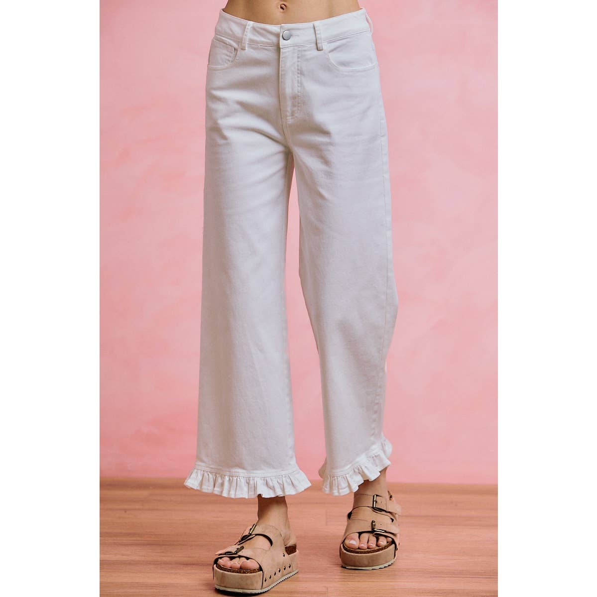RUFFLED BOTTOM DETAIL MID RISE DENIM JEANS PANTS