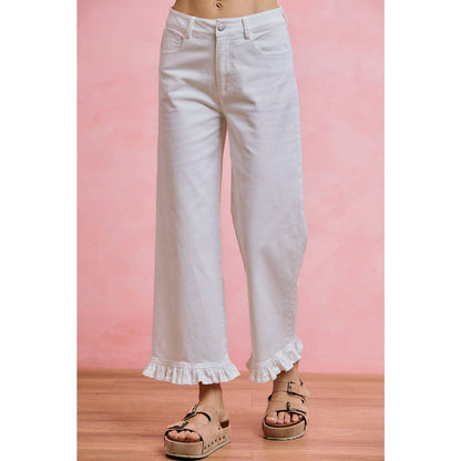 RUFFLED BOTTOM DETAIL MID RISE DENIM JEANS PANTS