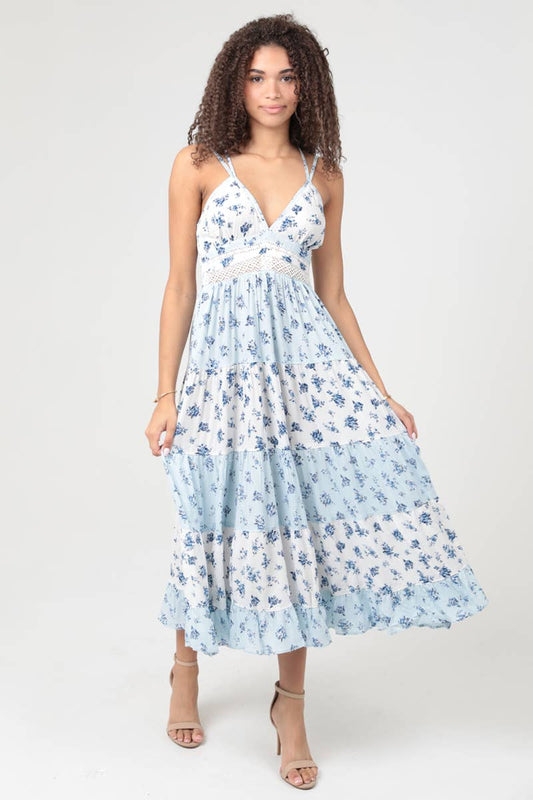 Mixed Print Lace Trim Maxi Dress