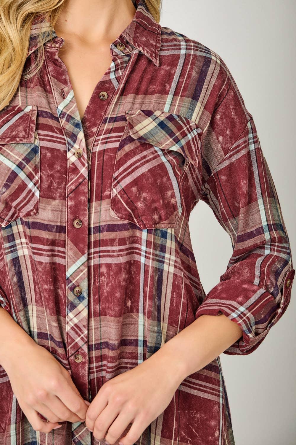 Washed Plaid Shirt Dress - Southern Sassy Boutique