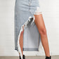 High Rise Distressed Denim Maxi Skirt