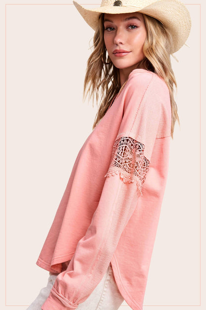 Embroidered Crochet V-neck Long Sleeve Top - Southern Sassy Boutique