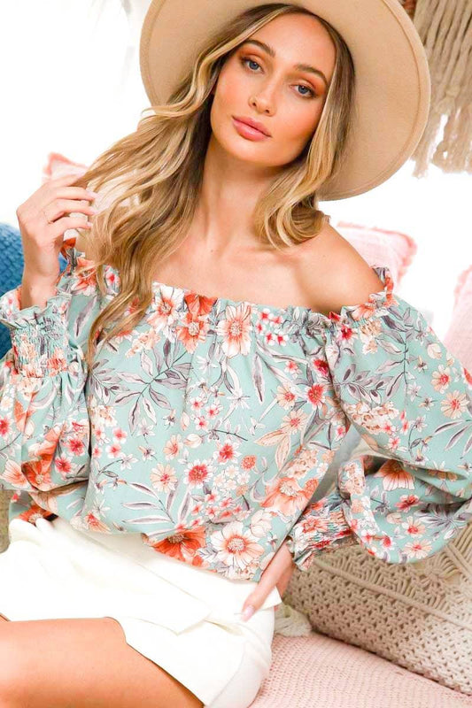 Off The Shoulder Floral Boho Ruffle Sleeve Blouse - Southern Sassy Boutique