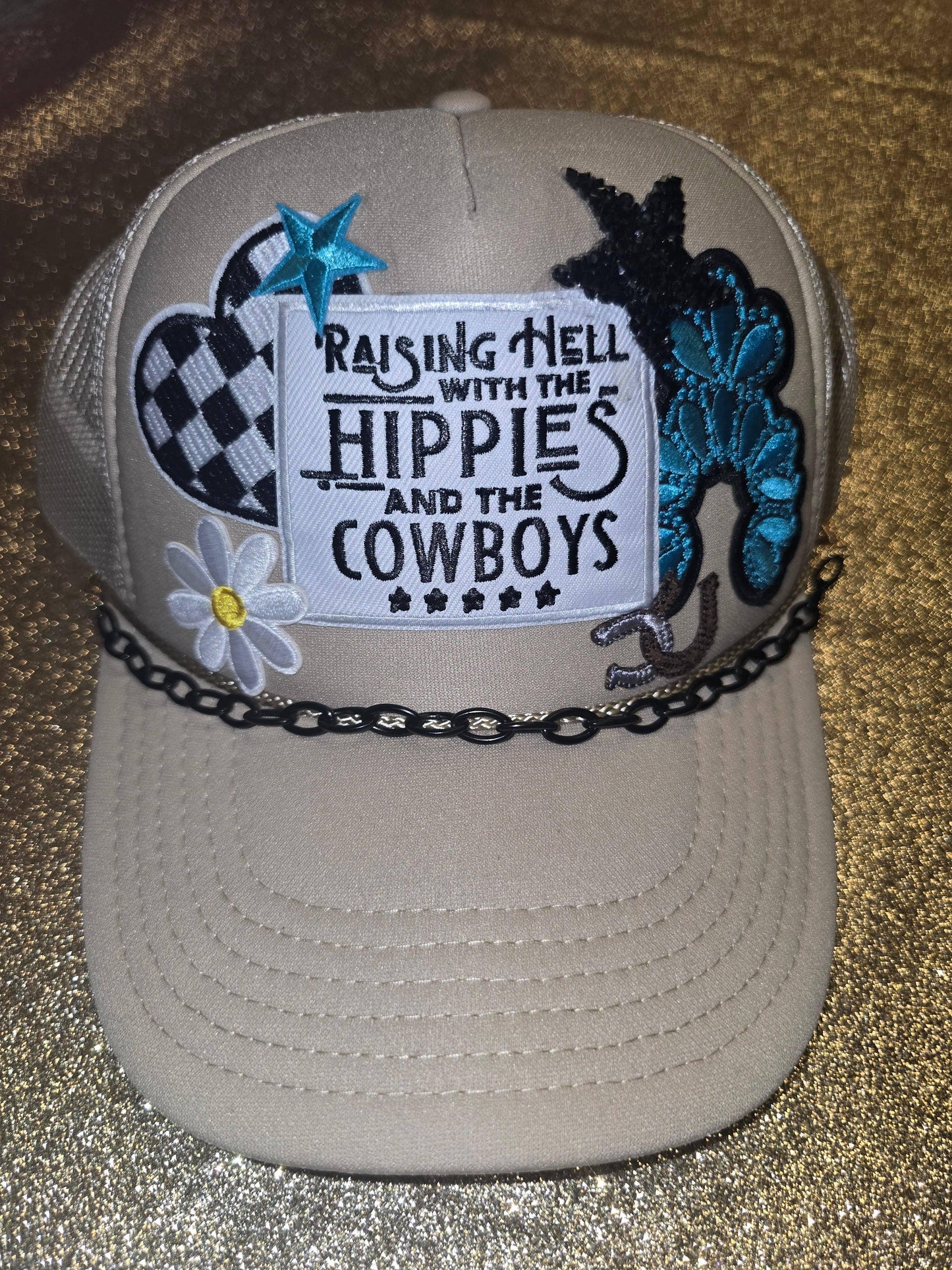 Raising Hell with the Hippies & Cowboys Trucker Hat with Chain - Southern Sassy Boutique