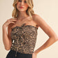 LEOPARD DENIM FRONT BOW SMOCKED STRAPLESS TOP
