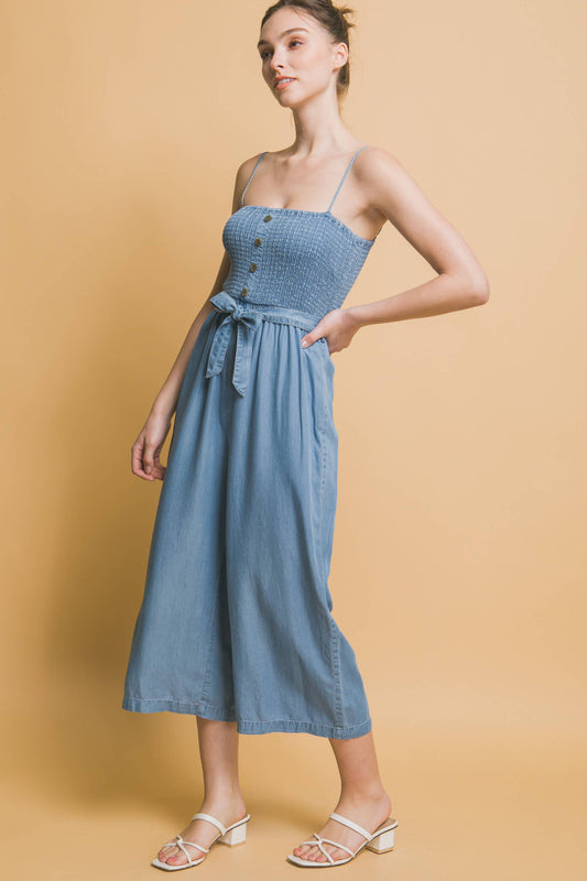 Tencel Wide Leg Jumpsuit with Front Tie and Buttons