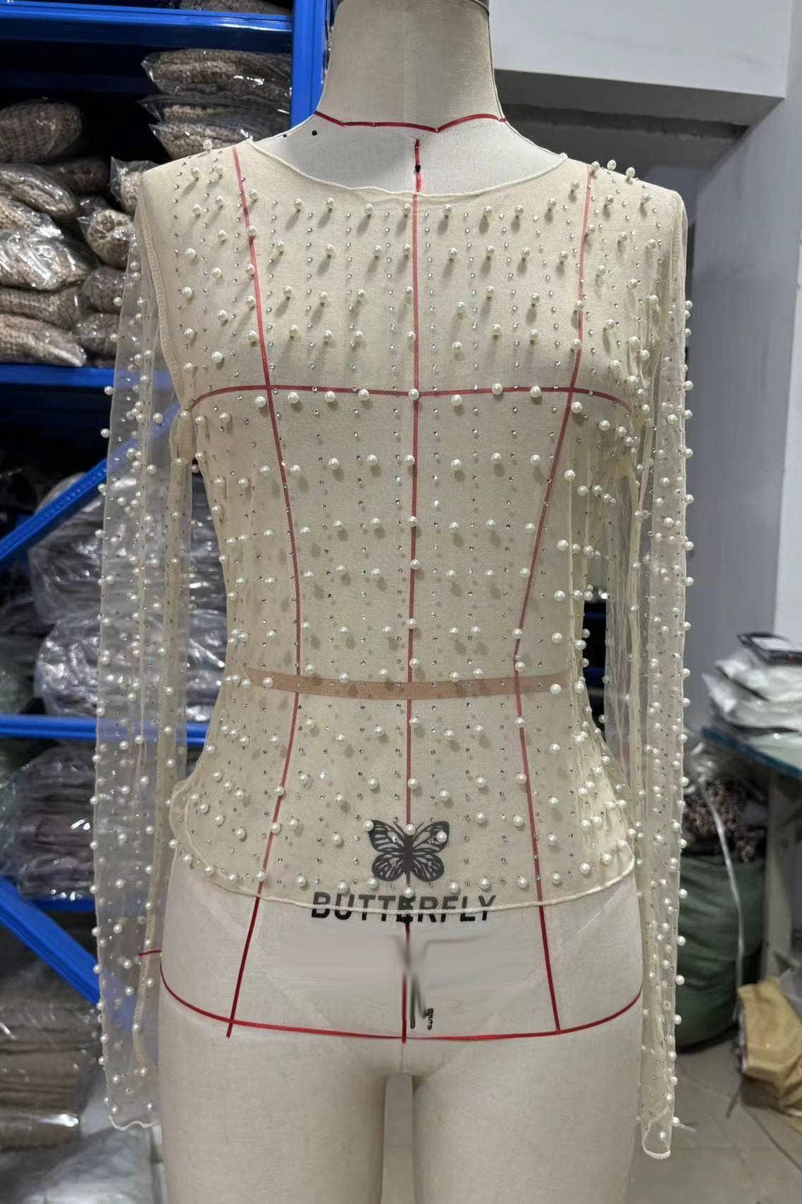 Shining pearl embellished see through sheer mesh tee top - Southern Sassy Boutique