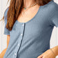 Stretchy Brushed Waffle Knit Short Sleeve Button Top