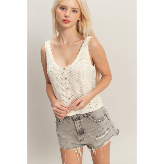 Open Knit Scallop Edge Button Front Tank Top