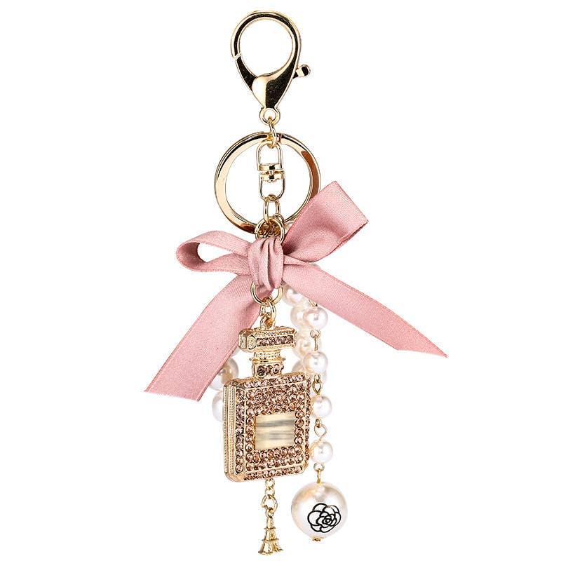 Perfume Bottle Bow Pearl Bag Charm Keychain - Southern Sassy Boutique