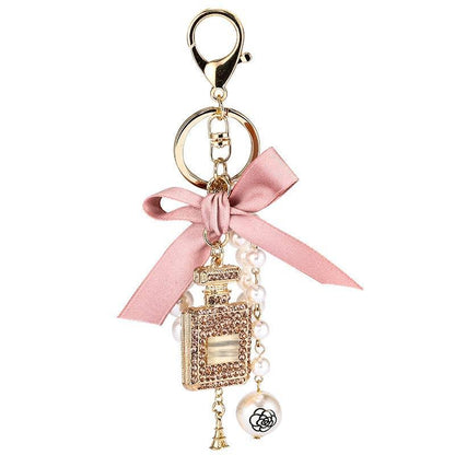 Perfume Bottle Bow Pearl Bag Charm Keychain - Southern Sassy Boutique