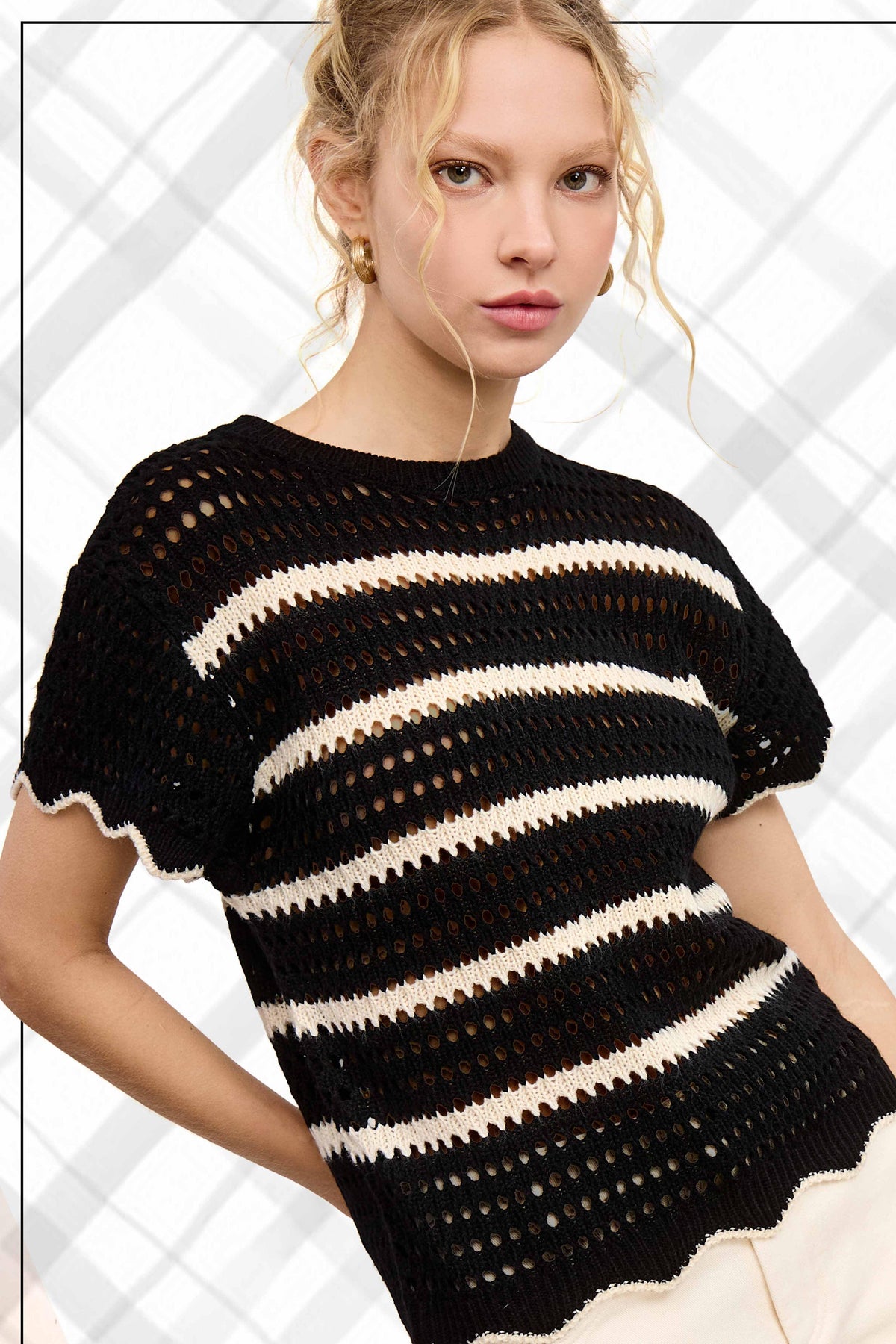 Round Neck Scalloped Edge Short Sleeve Sweater - Southern Sassy Boutique