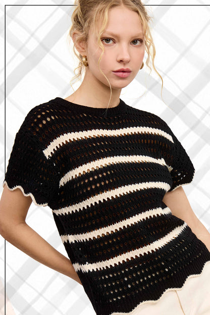 Round Neck Scalloped Edge Short Sleeve Sweater - Southern Sassy Boutique