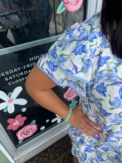 Blue Floral V-Neck Flutter Sleeve Tiered Dress