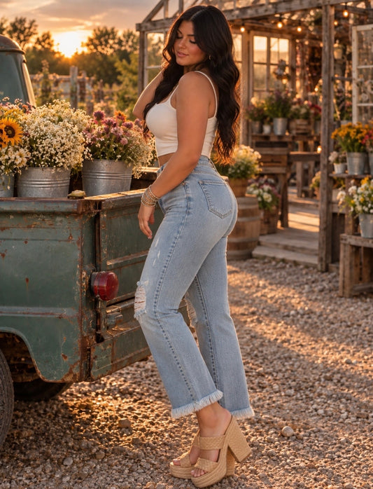 High Rise Crop Bootcut Frayed Light Jeans