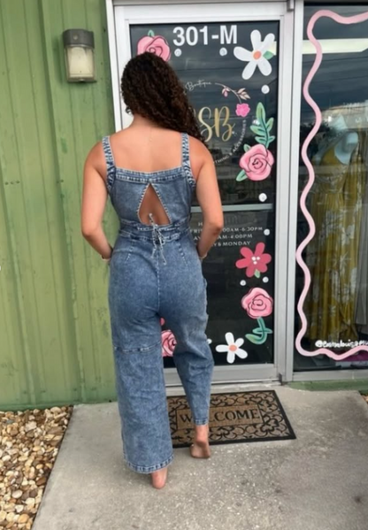 BACK CUTOUT ZIP UP DENIM JUMPSUIT OVERALLS
