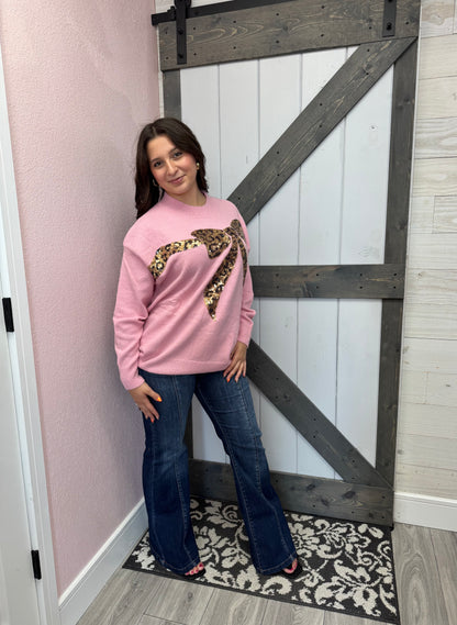 Leopard Sequin Bow Crew Neck Knitted Sweater Top VT82024