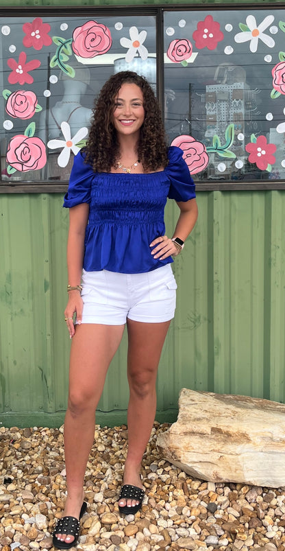 Satin Square Neck Puff Sleeve Smocked Peplum Top