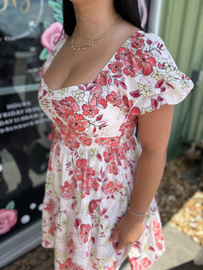 Floral Puff Sleeve Tiered Mini Dress