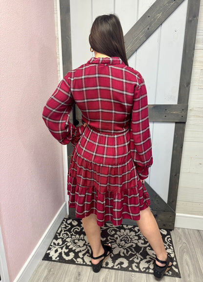 Red Plaid Tiered A Line Shirtdress