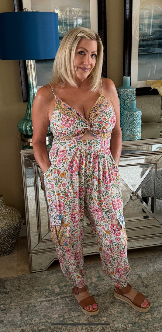 Floral Print Cargo Pocket Jumpsuit