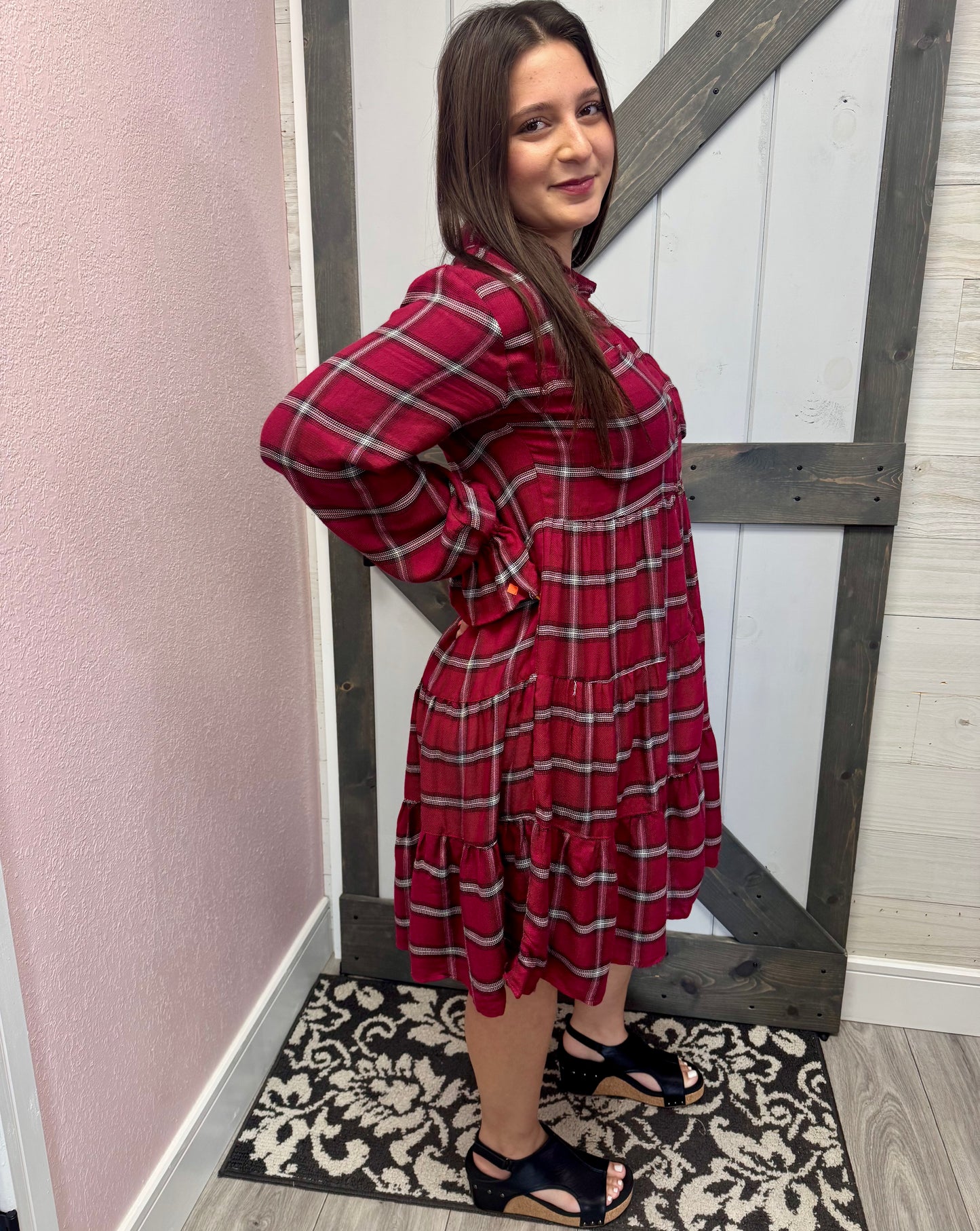 Red Plaid Tiered A Line Shirtdress