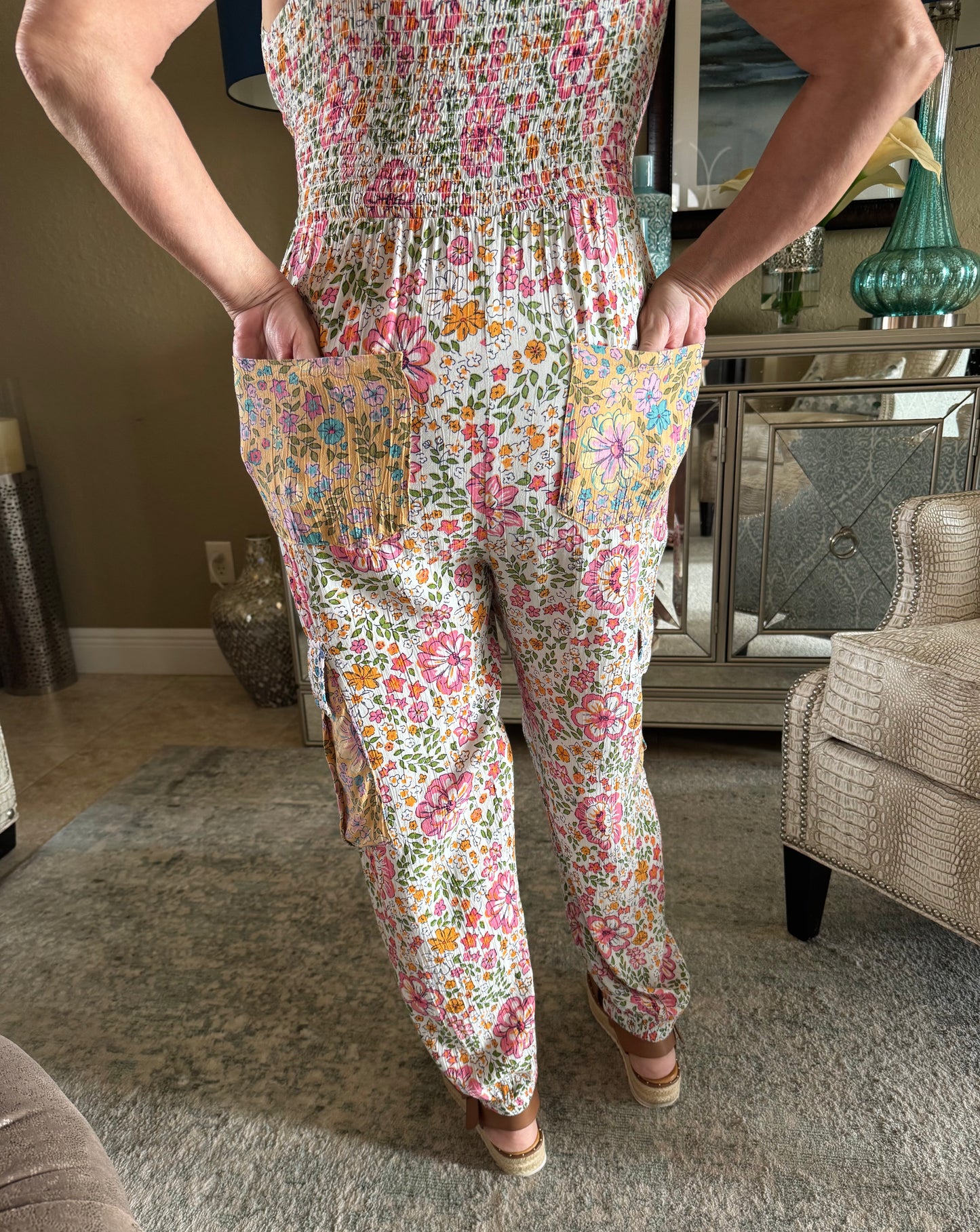 Floral Print Cargo Pocket Jumpsuit