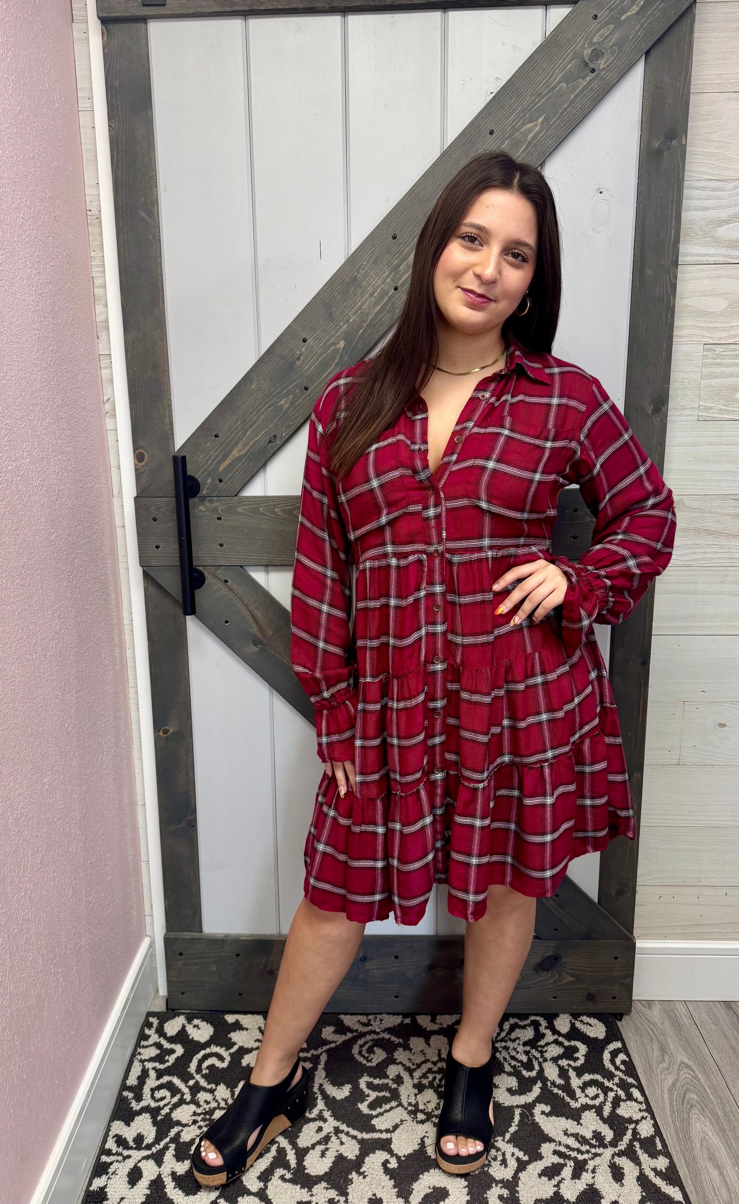 Red Plaid Tiered A Line Shirtdress