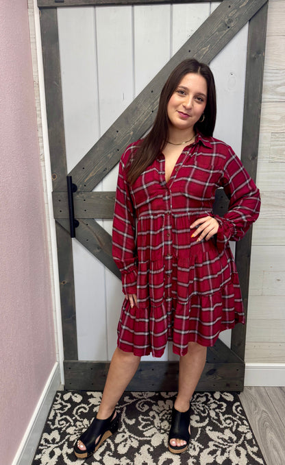 Red Plaid Tiered A Line Shirtdress