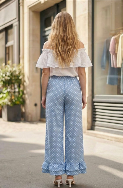 POLKA DOT PRINT WAIST ELASTIC RUFFLE PANTS