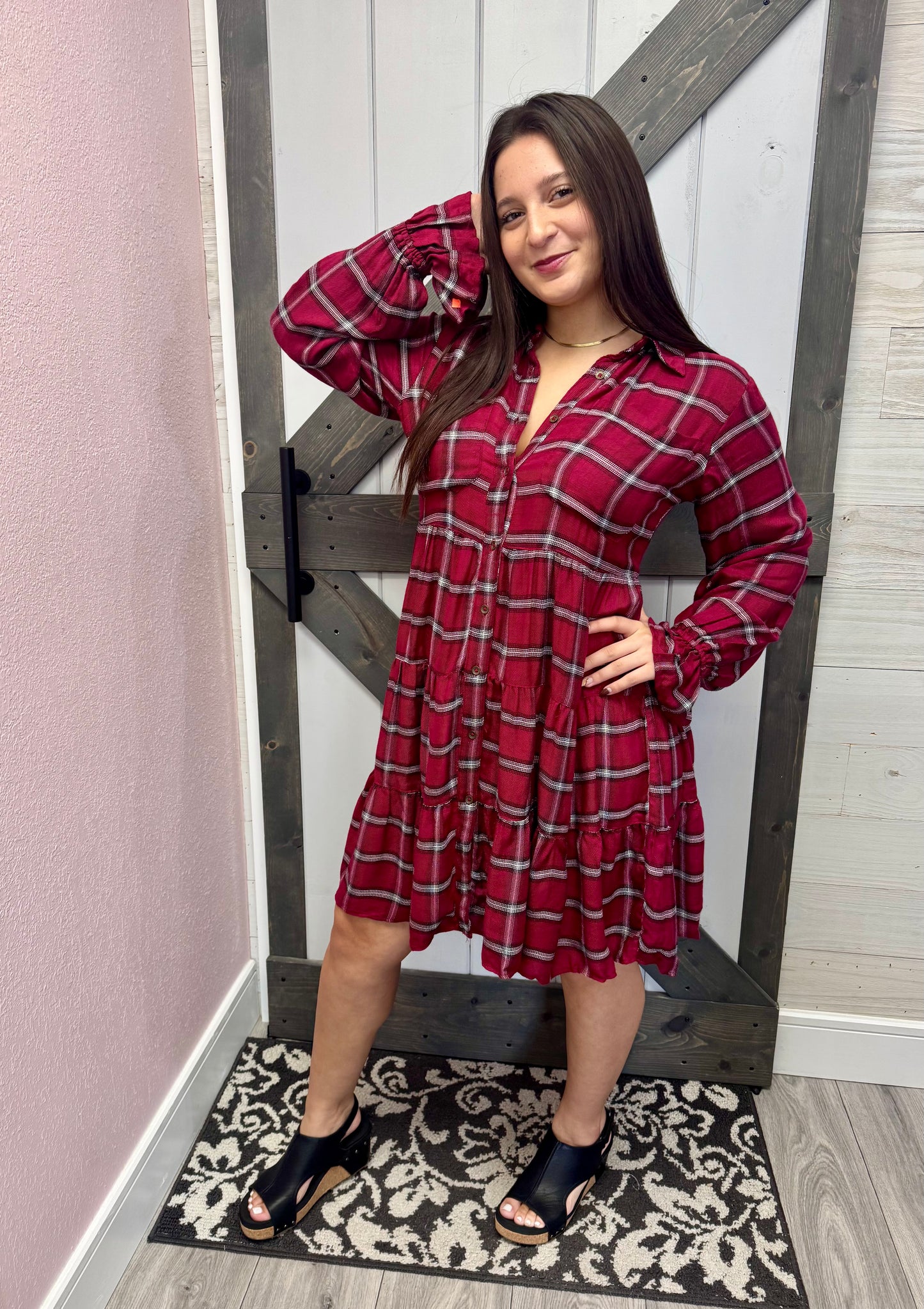 Red Plaid Tiered A Line Shirtdress